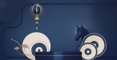 At Yılı, Çin Mavisi ve Altın Podyumu, minimum mavi geometrik tasarım 3D