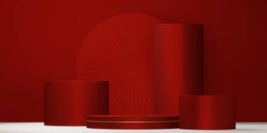 Dekorasyonu minimum geometrik tasarımı 3D olan Çin kırmızı konsepti.