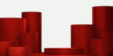 Dekorasyonu minimum geometrik tasarımı 3D olan Çin kırmızı konsepti.