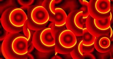 Sarı ve siyah daireli kırmızı baloncuklar çizgilerle dönüyor.