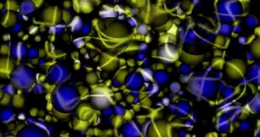 Birçok mavi ve sarı renkli toplar izleyiciye doğru uçar. Üzerlerinde çarpık çizgiler halinde ışığın yansımaları var. Ukrayna bayrağının renkleri.