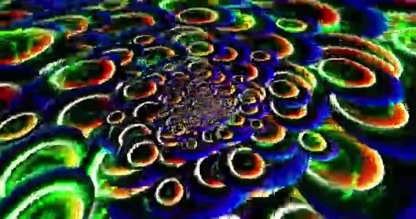 五彩斑斓的气泡从镜框的中心进入 在透视运动 扭曲的恒星形式的明亮射线穿过它们 — 图库视频影像