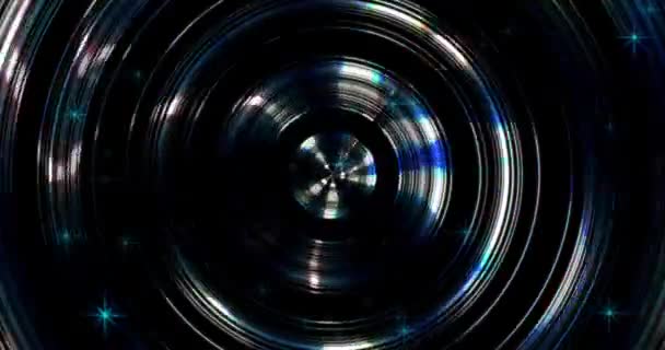 银色的圆圈在黑暗的背景上 闪烁的星星顺时针旋转 黑色和蓝色的影子沿着它们移动 — 图库视频影像