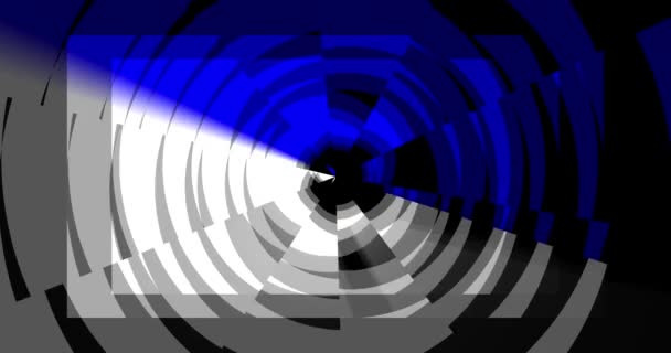 圆形的旋转部分的骨折 由灰色和黑色条纹组成 它被蓝色透明的背景覆盖 与框架的一半重叠 蓝色的背景是逆时针旋转的 — 图库视频影像