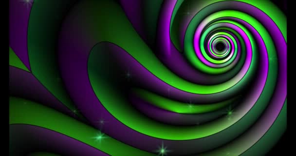 Разноцветный Фрактал Зеленого Фиолетового Оттенков Мерцающими Звёздами Закручивается Воронку — стоковое видео