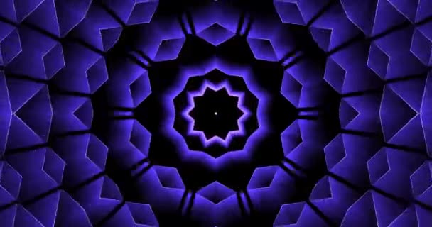 在黑暗的背景上 紫色色调的万花筒 描述变化中的恒星或雪花 无休止的循环 — 图库视频影像