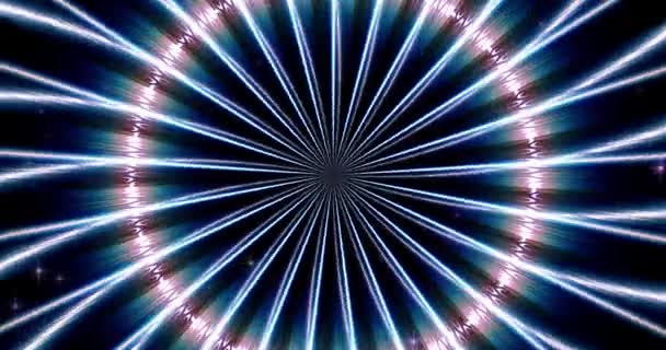 Świecące Wiązki Laserowe Ciemnym Tle Migającymi Gwiazdami Emanującymi Środka Ramki — Wideo stockowe