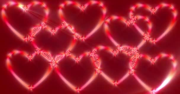 Кілька Рожевих Сяючих Сердець Червоному Тлі Контур Сердець Рухається Проти — стокове відео