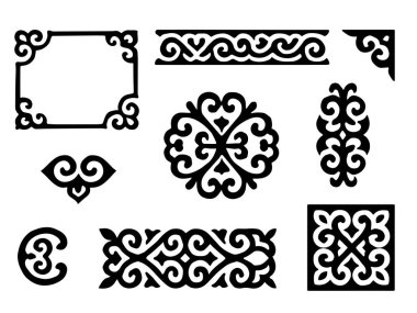 Geleneksel Kazak süslemeleri siyah beyaz ve koç boynuzu motifli. Etnik tasarım, kalıplar, baskılar ve dekorasyon için çerçeve, kenar, köşe ve elementlerden oluşan bir vektör kümesi.
