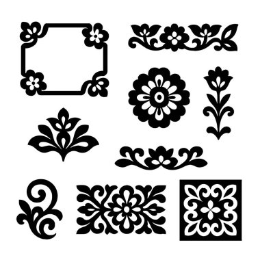Siyah beyaz siluetlerle süslenmiş Kazak çiçekleri koleksiyonu. Çerçeveler, sınırlar, köşeler ve süsler dahil. Etnik tasarımlar, kalıplar, kumaş baskıları, ambalajlar, logolar için ideal.