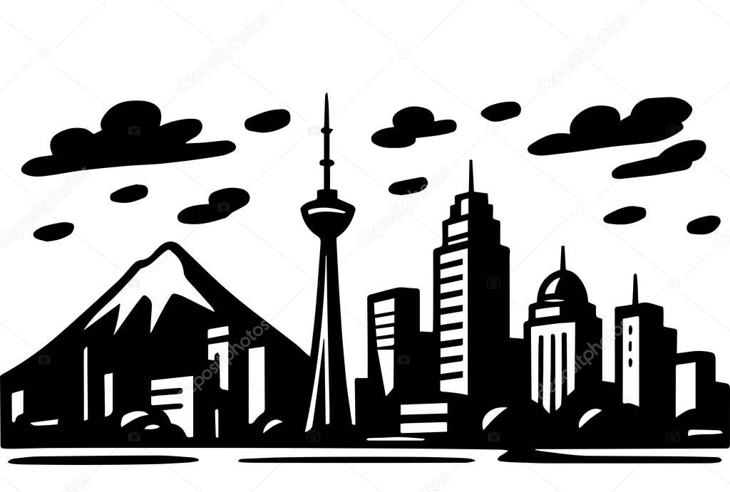 Modern City Skyline Almaty with MountainMinimalist silhouette style perfect for logos, posters, stencils, laser cutting, and engraving designs.