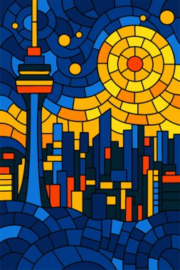 Renkli vitray mozaik şehir, parlak güneş, derin mavi gökyüzü ve modern binalar.