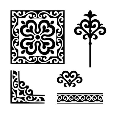 Geleneksel Kazak ve Orta Asya etnik süslemeleri, göçebe desenler ve dekoratif vektör elementleri.