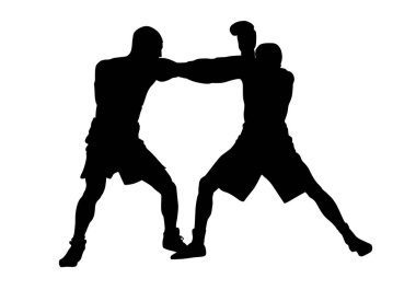 İki profesyonel boksörün siyah silueti beyaz arka planda izole bir şekilde dövüşüyor.