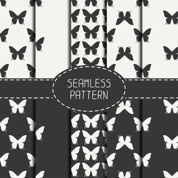 Set of monochrome abstract seamless pattern with butterfly. Wrapping paper. Scrapbook. Tiling. Vector illustration. Background. Graphic texture for your design, wallpaper. — Stock Vector