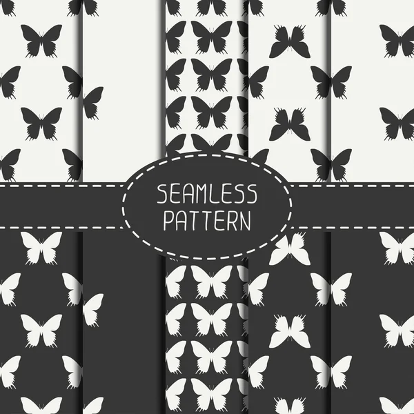 Satz monochromer abstrakter, nahtloser Muster mit Schmetterling. Geschenkpapier. Sammelalbum. Fliesen. Vektorillustration. Hintergrund. grafische Textur für Ihr Design, Tapete. — Stockvektor