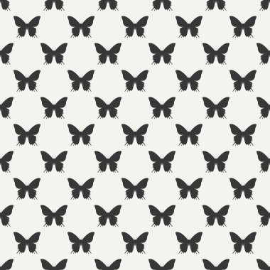 Kelebek ile monokrom soyut dikişsiz desen. Ambalaj kağıdı. Karalama defteri. Döşeme. Vektör illüstrasyon. Arka plan. Tasarımınız için grafik doku, duvar kağıdı.
