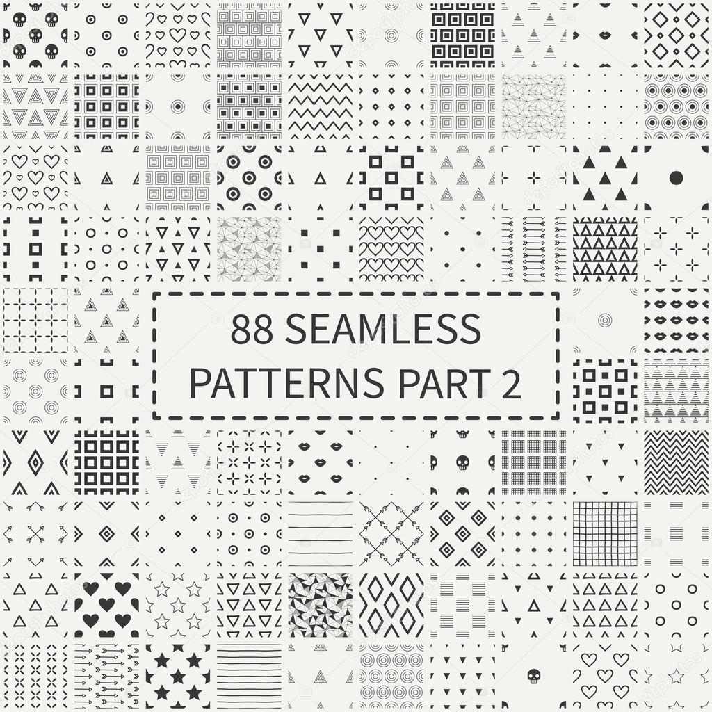 Mega set of 88 monochrome geometric universal different seamless decorative patterns. Wrapping paper. Scrapbook paper. Tiling. Vector backgrounds collection. Endless graphic texture ornaments.