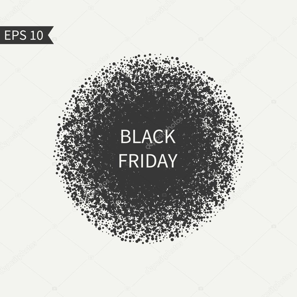 Black Friday sale sign. Black and white design element. Round banner. Advertising, shopping, discount, marketing, selling, web. Burst sparkles. Confetti. Glitter background. Randomly disposed spots.