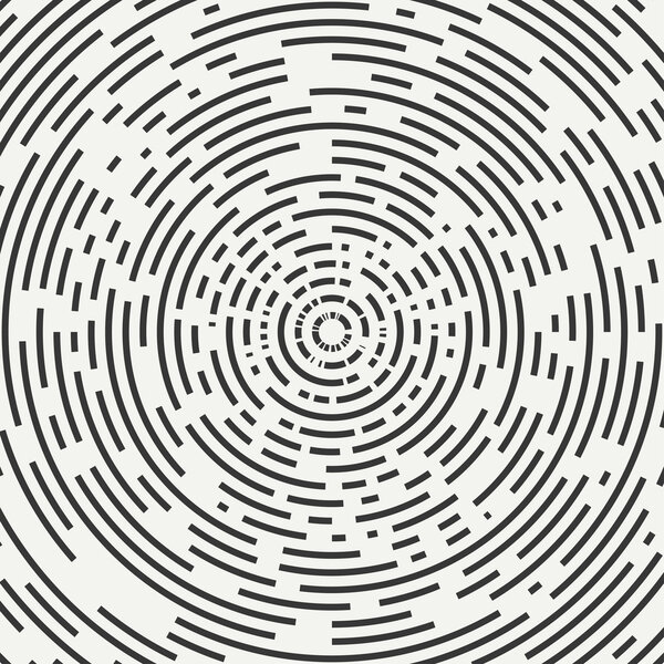 Abstract segmented geometric circle shape. Radial concentric circles. Rings. Swirly concentric segmented circles. Design element. Random lines. Vector illustration. Graphic texture. Background.