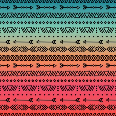 Elle çizilmiş geometrik etnik kabile seamless modeli. Kağıt ambalaj. Karalama defteri. Doodles'ın tarzı. Kabile yerli vektör çizim. Aztek arka plan. Şık mürekkep tasarım için grafik doku. Boho çizgili