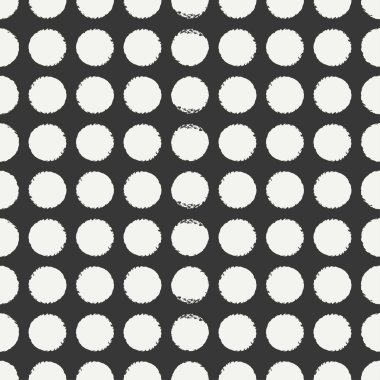 Elle çizilmiş geometrik kesintisiz mürekkep polka noktalı desene. Kağıt ambalaj. Soyut vektör arka plan. Yuvarlak fırça darbeleri. Casual polka dot doku. Şık doodle. Kuru fırçalama. İllüstrasyon kaba kenarları mürekkep.