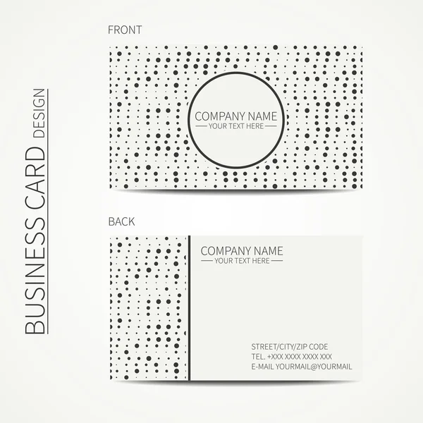 Vector simple business card design. Template. Black and white. Business card for corporate business and personal use. Calling card. Geometric monochrome pattern. Randomly disposed spots. Polka dot. — Stock Vector