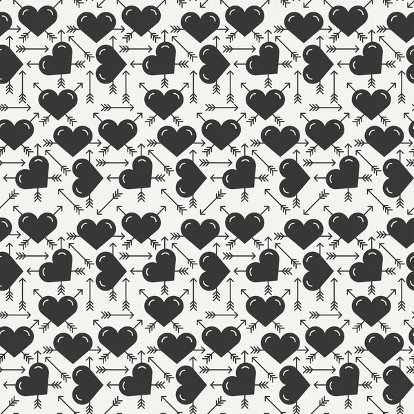Geometric romantic line seamless pattern with hearts. Wrapping paper. Scrapbook paper. Tiling. Vector illustration. Monochrome background. Graphic texture for your design, wallpaper. Valentines day. — Stock Vector