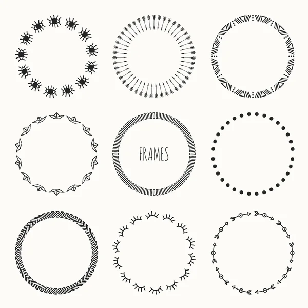 Set van de hand getekende vintage retro hipster patroon. Krans voor uitnodigingen en verjaardagskaarten. Abstract vector achtergrond. Illustratie. Afbeeldingsstijl. Doodle kunst designelementen. Frame-collectie. — Stockvector