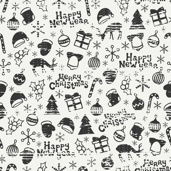 Merry Christmas and Happy New Year 2017. Christmas season hand drawn seamless pattern. Vector illustration. Doodle style. Decorations. Winter holiday backgrounds for design. Deer, snowflakes, Santa — Stock Vector