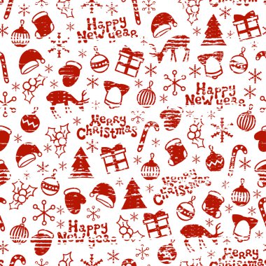 Mutlu Noeller ve mutlu yeni yıl 2017. Noel sezon el seamless modeli çekilmiş. Vektör çizim. Doodle tarzı. Süslemeleri. Kış tatil arka tasarımı için. Geyik, kar taneleri, Noel Baba