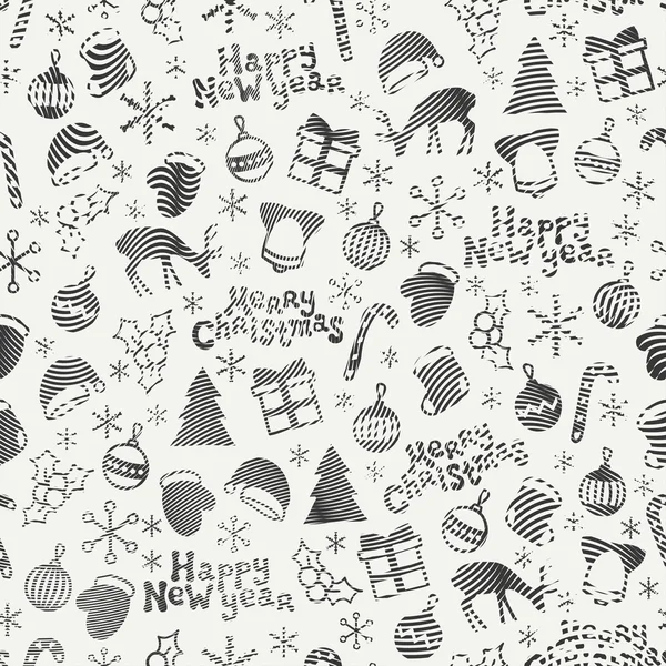 Merry Christmas and Happy New Year 2017. Christmas season hand drawn seamless pattern. Vector illustration. Doodle style. Decorations. Winter holiday backgrounds for design. Deer, snowflakes, Santa