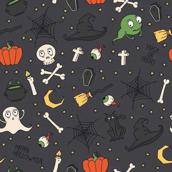 Feliz Halloween. Patrón sin costuras con calabazas, calaveras, gatos, telarañas, fantasmas, monstruos, sombrero de bruja. Truco o trato. Ilustración vectorial. Contexto . — Archivo Imágenes Vectoriales