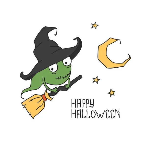 Fröhliches Halloween. Hexe auf dem Besen. Süßes oder Saures. Vektorillustration. Hintergrund. — Stockvektor