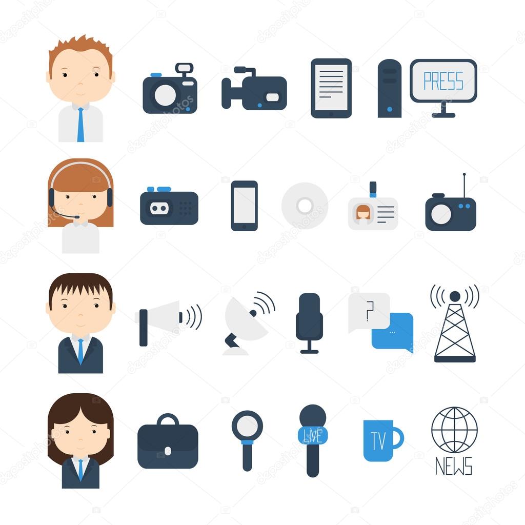Set of flat colorful vector journalism icons. Mass media. Communication. Illustration consists of computer, news, reporter, camera, microphone, radio. Infographics design web elements.