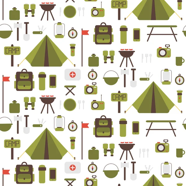 Seamless pattern of flat colorful vector camping equipment symbols and icons. — Stock Vector