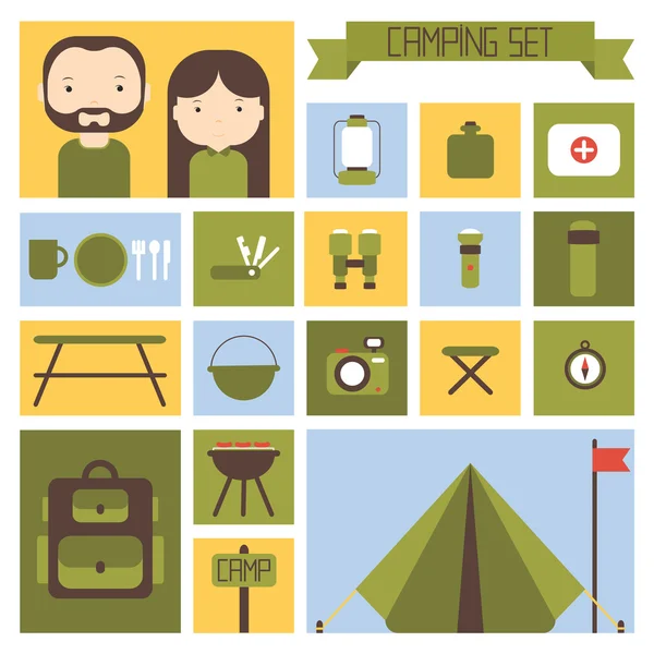 Ensemble de symboles et d'icônes d'équipement de camping vectoriel coloré plat . — Image vectorielle