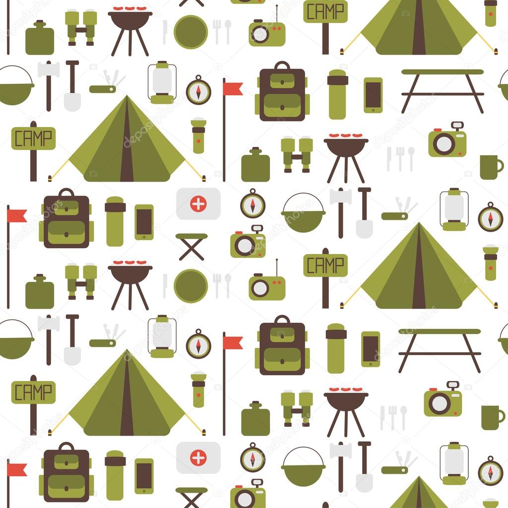 Seamless pattern of flat colorful vector camping equipment symbols and icons.