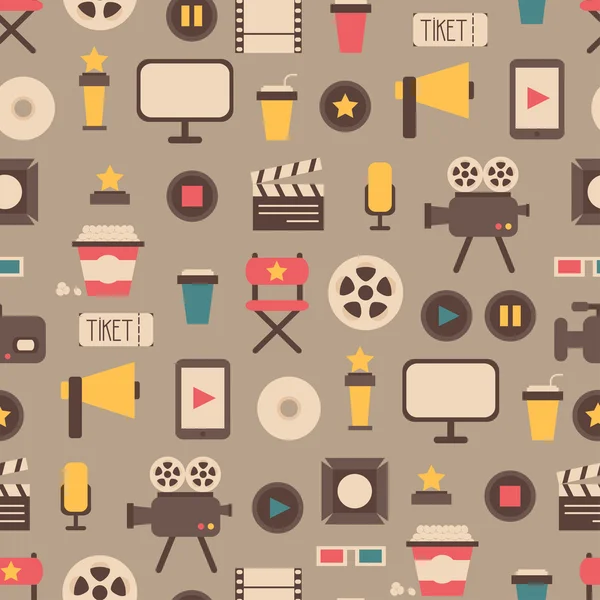 Modello senza cuciture di elementi di design cinematografico colorato piatto e icone del cinema in stile piatto. Illustrazione vettoriale. Contesto . — Vettoriale Stock