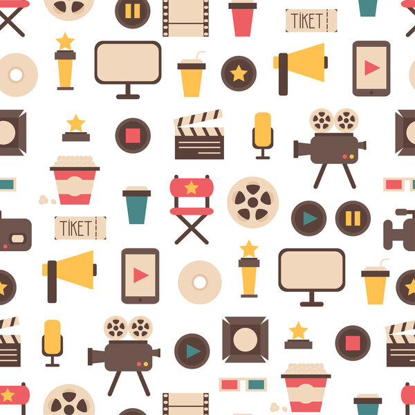 Seamless pattern of flat colorful movie design elements and cinema icons in flat style. Vector illustration. Background.