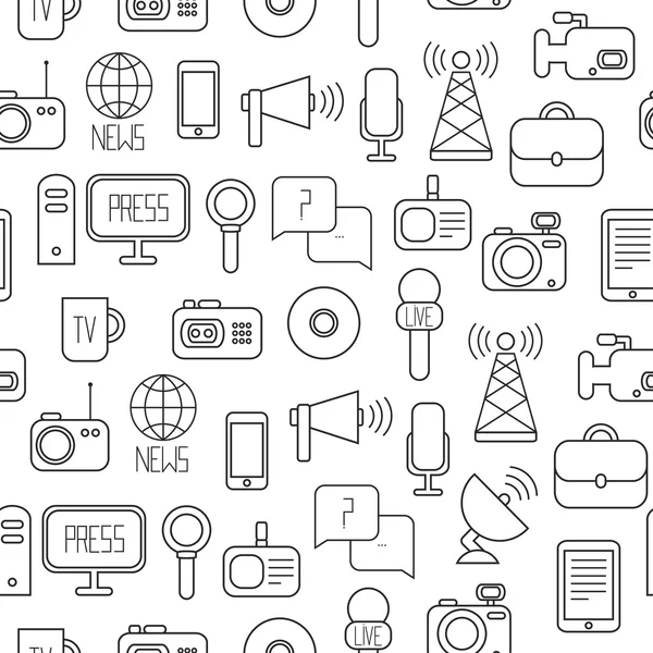 Seamless pattern of of flat colorful vector journalism icons. Mass media. Communication. Illustration consists of computer, news, reporter, camera, microphone, radio. Infographics design web elements. — Stock Vector