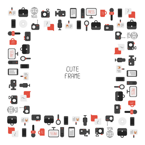 Frame of of flat colorful vector journalism icons. Mass media. Communication. Illustration consists of computer, news, reporter, camera, microphone, radio. Infographics design web elements.