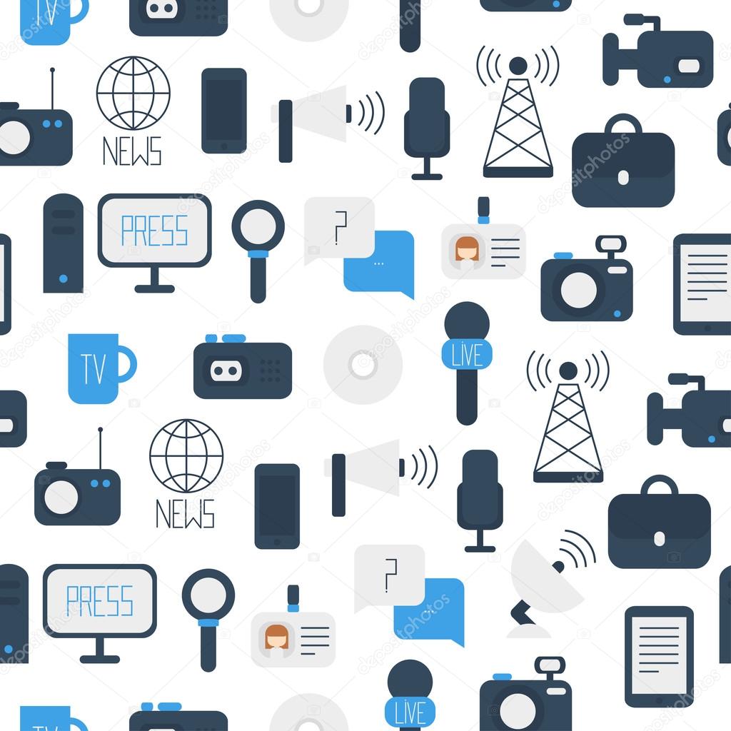 Seamless pattern of of flat colorful vector journalism icons. Mass media. Communication. Illustration consists of computer, news, reporter, camera, microphone, radio. Infographics design web elements.