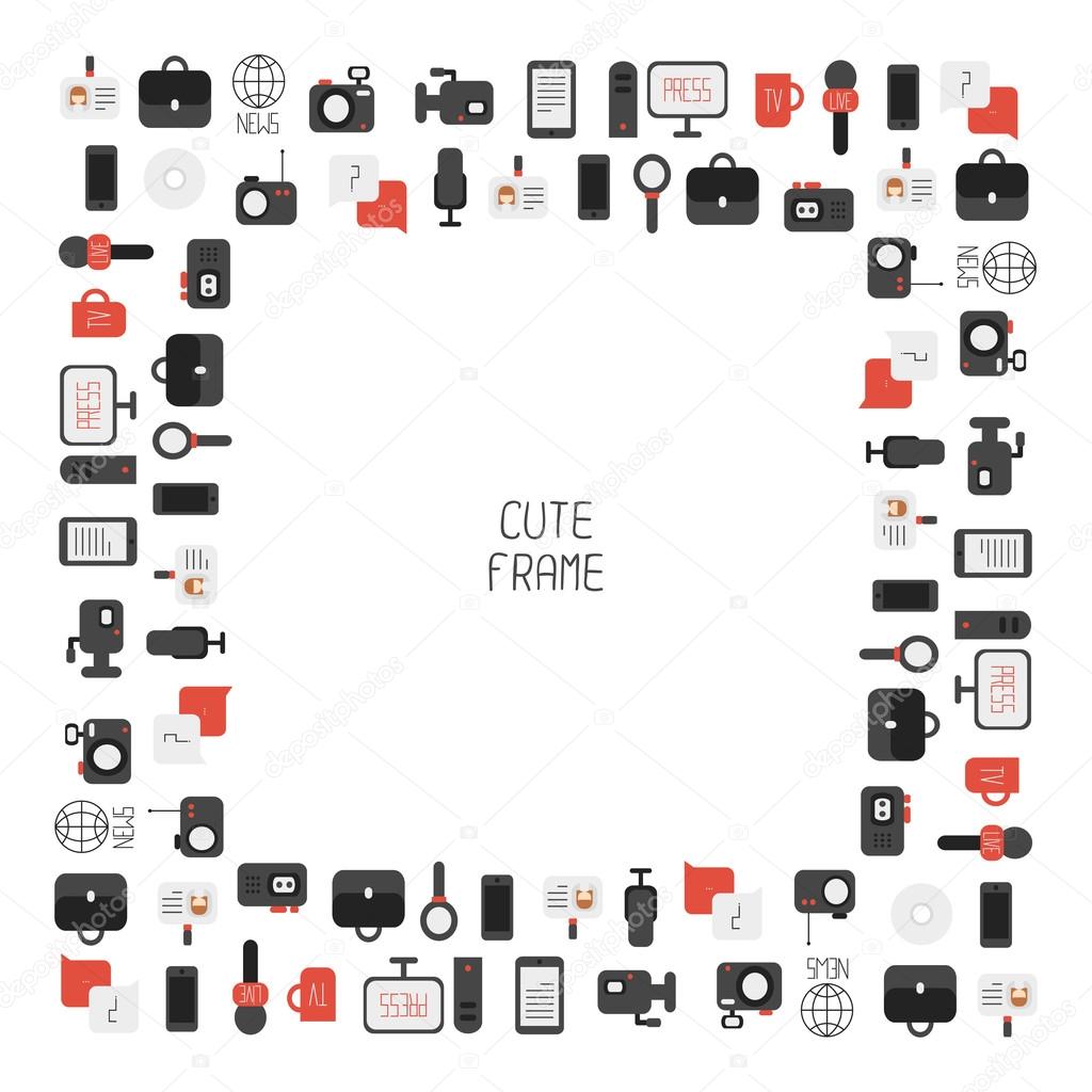 Frame of of flat colorful vector journalism icons. Mass media. Communication. Illustration consists of computer, news, reporter, camera, microphone, radio. Infographics design web elements.