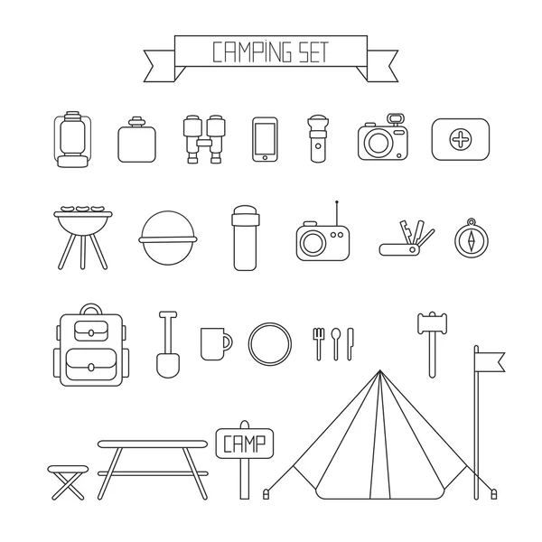 Ensemble de symboles et d'icônes d'équipement de camping vectoriel coloré plat . — Image vectorielle