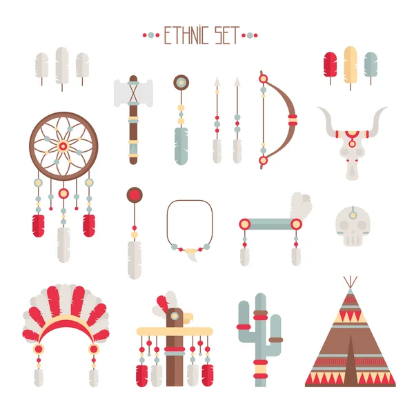 Vector colorido conjunto étnico con atrapasueños, plumas, flechas y tocado jefe indio americano en estilo nativo. Elementos decorativos. Conjunto de símbolos nativos americanos tribales . — Vector de stock