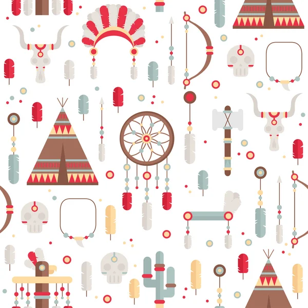 Naadloze patroon van kleurrijke etnische vector set met dream catcher, veren, pijlen en american indian chief hoofdtooi in inheemse stijl. decoratieve elementen. Tribal Indiaanse set symbolen. — Stockvector