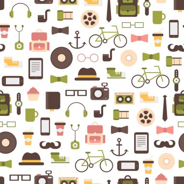 Dikişsiz desen hipster vektörel renkli stil öğeler ve simgeler retro tasarımı için ayarlayın. Infographic kavramı arka plan. düz stil gösterimde.