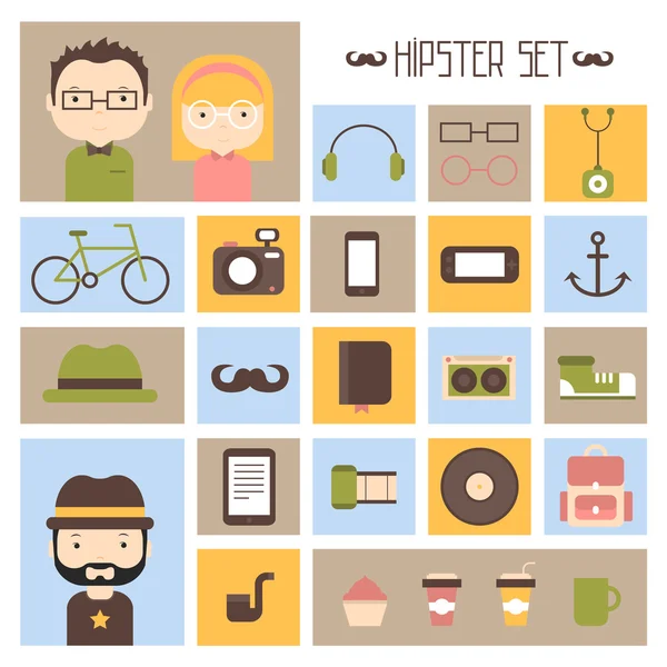 Hipster vector coloridos elementos de estilo e iconos de caracteres establecidos para el diseño retro. Concepto infográfico de fondo. Ilustración en estilo plano . — Vector de stock