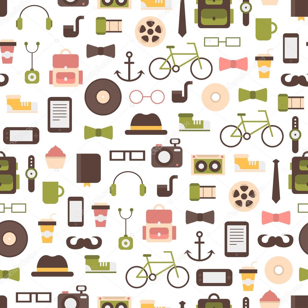 Seamless pattern of hipster vector colorful style elements and icons set for retro design. Infographic concept background. Illustration in flat style.